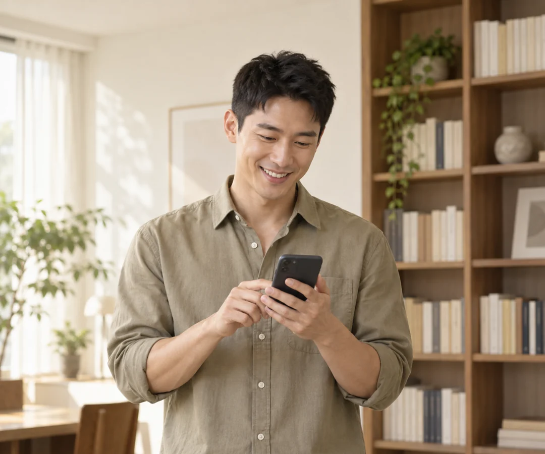 밝은 상담실에서 휴대전화로 문자 상담을 하며 웃는 고객